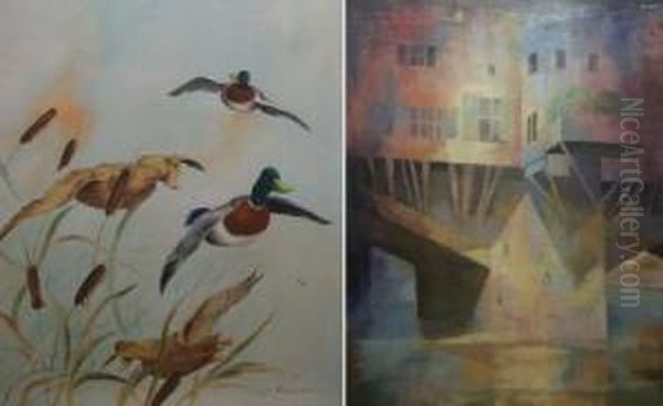 Ducks In Flight Over Reeds - view 1
