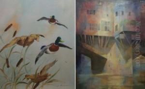 Ducks In Flight Over Reeds by Edward Matthew Ward