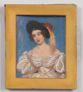 "portrait Of A Lady", Half Length In White Gown, Black Feathered Hat And Long Gold Necklace "portrait Of A Lady", Half Length In White Gown, Black Feathered Hat And Long Gold Necklace