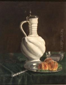 Still Life With A Pewter Lidded White Pottery Jug Andpewter Plate With Three Peaches by Hilda Ward