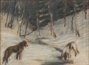 Dogs By A Winter Stream by Hilda Ward