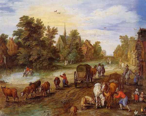 Busy Village Street with Resting Travellers - view 1