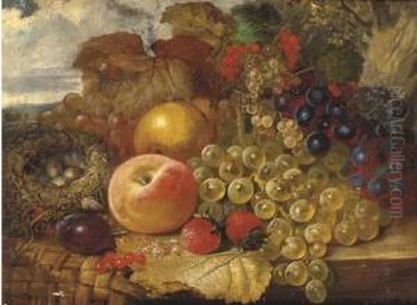 Grapes, Strawberries, A Peach, A Pear, Red And Whitecurrants With A Bird's Nest On A Ledge - view 1