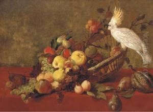 Apples, Peaches, Pears, Grapes And Other Fruit In A Basket On Adraped Table With A Cockatoo by James Charles Ward
