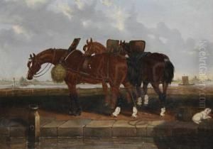 Barge Horses By A Canal by Martin Theodore Ward