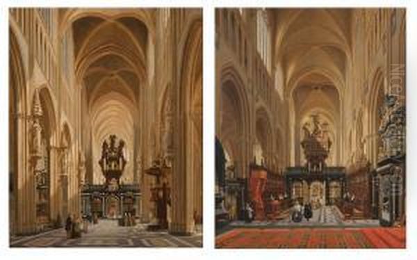 Interieur Van De Sint-salvatorkerk Te Brugge Met Doksaal, Orgel, Preek-en Koorgestoelte, Geestelijken En Personages - view 1