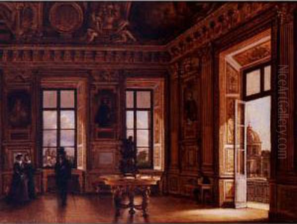 Figures In The Salon D'apollon In The Louvre With A View Of Notre Dame, L'hotel Des Monnaies And The Dome Of The College Des Quatre Nations Beyond - view 1