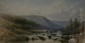 Cattle Watering In A River, Lakeland Landscape by Ebenezer Alfred Warmington