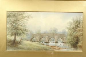 The Quiet River, With Bridge And Horse And Figure Crossing The Quiet River, With Bridge And Horse And Figure Crossing