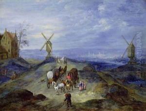 Landscape with Two Windmills 1612 by Jan The Elder Brueghel