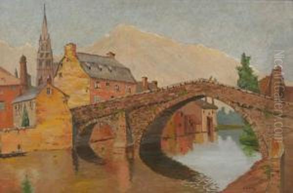 European City Scene With Stone Bridge And Snow Capped Mountains. - view 1