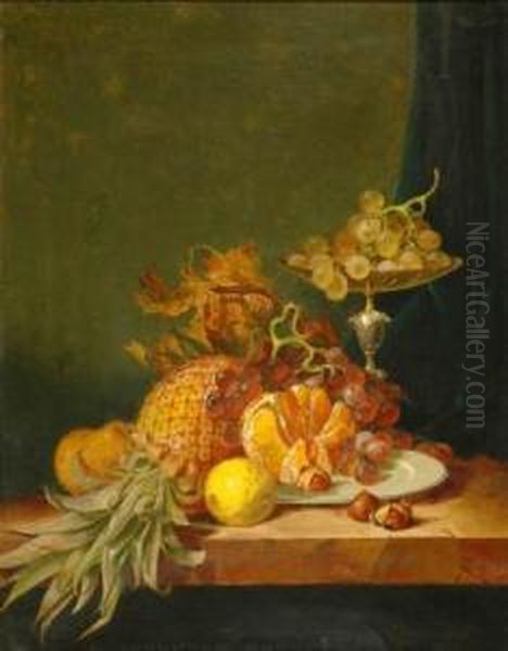Still Life With Pineapple, Grapes, Pear, Lemon And Chestnuts - view 1