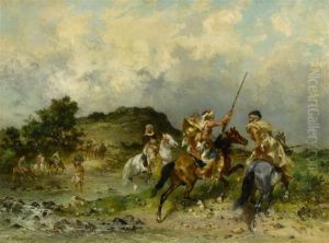 Arab Riders Before A Broad Shore Landscape by Georges Washington