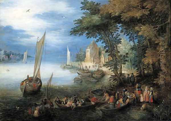 A river landscape with a ferry arriving near a landingstage, a sailing vessel nearby - view 1
