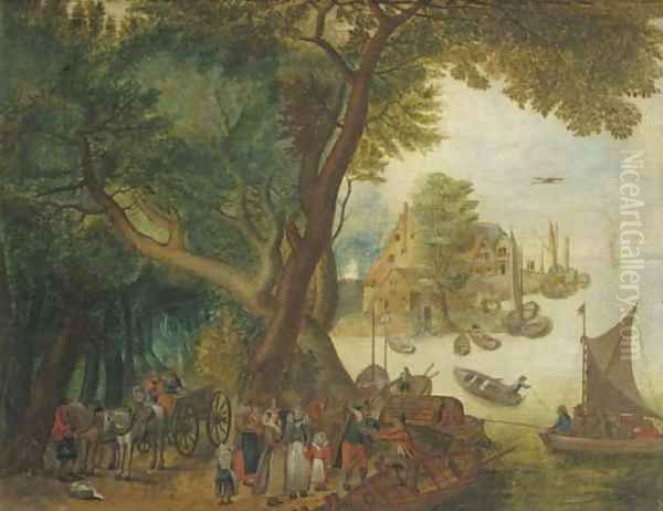 A river landscape with elegant figures, a village and sailing boats in the distance - view 1