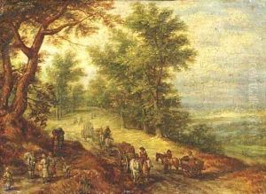 A wooded landscape with travellers on a path 2 by Jan The Elder Brueghel