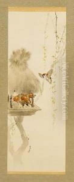 A Sparrow About To Light Upon A Torigoya A Top Which Several Birds Are Foraging For Food - view 1