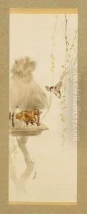 A Sparrow About To Light Upon A Torigoya A Top Which Several Birds Are Foraging For Food