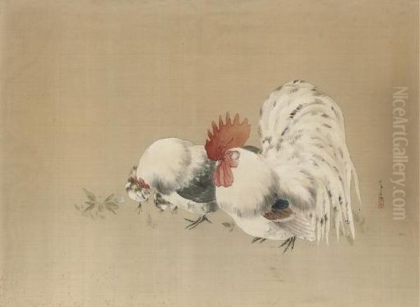 In Sumi, Gofun And Colours On Silk, Depicting A Cockerel, Hen And Chicks Beside Flowers -- 19¾in. X 27in. , Signed And Sealed, Mounted And Framed And Glazed - view 1