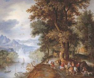 An extensive mountainous river landscape with horsemen and figures returning from the falconry, villages in the valley beyond by Jan The Elder Brueghel