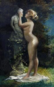 A Female Nude Before A Garden Statue by Charles Joseph Watelet