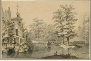 Les Jardins De Bagatelle Avec Une Tour Et Un Artiste Assis Au Premier Plan by Claude-Henri Watelet