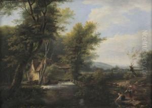 Paysage A La Chaumiere Et Aux Lavandieres