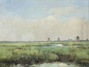 Hollandische Auenlandschaft Mit Windmuhlen. by Louis-Francois-V. Watelin