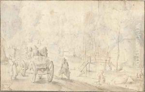 A group of peasants in a cart by a river by Jan The Elder Brueghel
