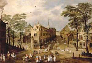 A town landscape with company, townsfolk and wagoners
