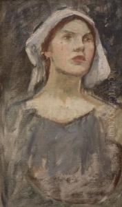 Portrait Of A Womanwearing A Blue Dress And A White Bonnet by John William Waterhouse