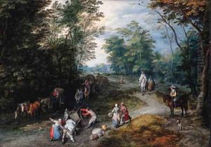 A wooded landscape with travellers by Jan The Elder Brueghel