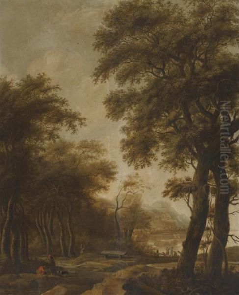 Figures In A Wooded River Landscape - view 1