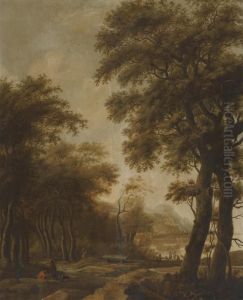 Figures In A Wooded River Landscape by Anthonie Waterloo
