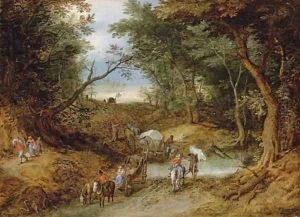 A wooded landscape with travellers on a path by Jan The Elder Brueghel