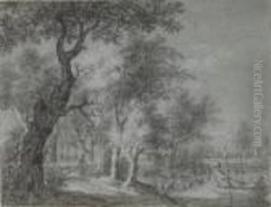 A Wooded Landscape With A Fishing Boat by Anthonie Waterloo
