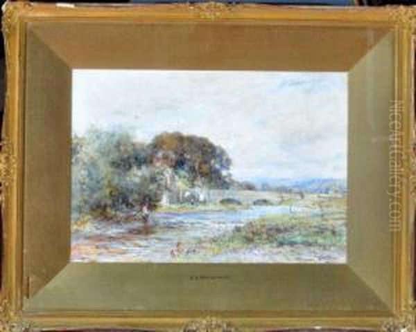 River Scene With An Angler Near A Bridge - view 1