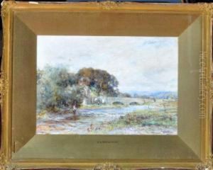 River Scene With An Angler Near A Bridge River Scene With An Angler Near A Bridge