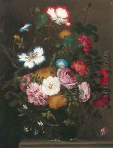 Roses, carnations, dahlias, morning glory and other flowers in a vase on a stone ledge by Jan The Elder Brueghel