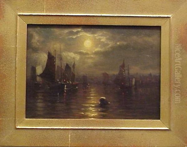 Moonlit Bay With Sailing Ships - view 1