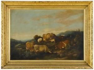 Cows And Sheep On A Hillock by Susan C. Waters