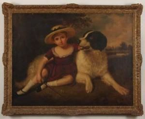 Child And Dog With Landscape In Background Child And Dog With Landscape In Background