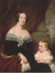 Portrait Of A Mother And Child, Seated Three-quarter-length, Themother In A Black Dress With Lace Trim And A Red Cloak, The Childin A White Dress, In An Interior by W.R. Waters