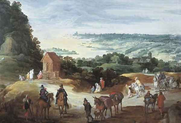 An extensive river landscape with travellers on a path - view 1