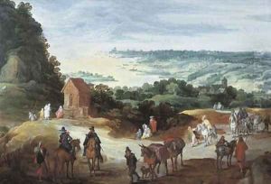 An extensive river landscape with travellers on a path by Jan The Elder Brueghel