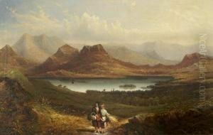 Two Figures On A Path In The Mountainous Landscape With Lake by Bartholomew Colles Watkins