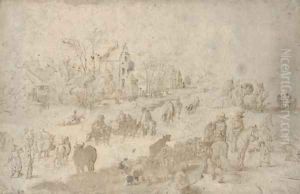 Travellers and peasants with sheep and cattle by a pond, a village seen beyond by Jan The Elder Brueghel
