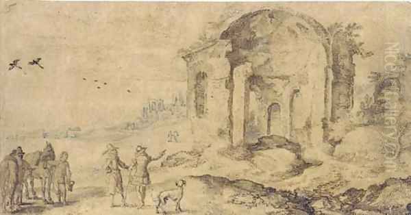 View of the ruins at Pozzuoli with travellers on a road - view 1