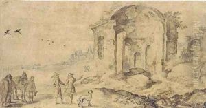 View of the ruins at Pozzuoli with travellers on a road by Jan The Elder Brueghel