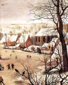 Winter Landscape with Skaters and a Bird Trap (detail) 1565